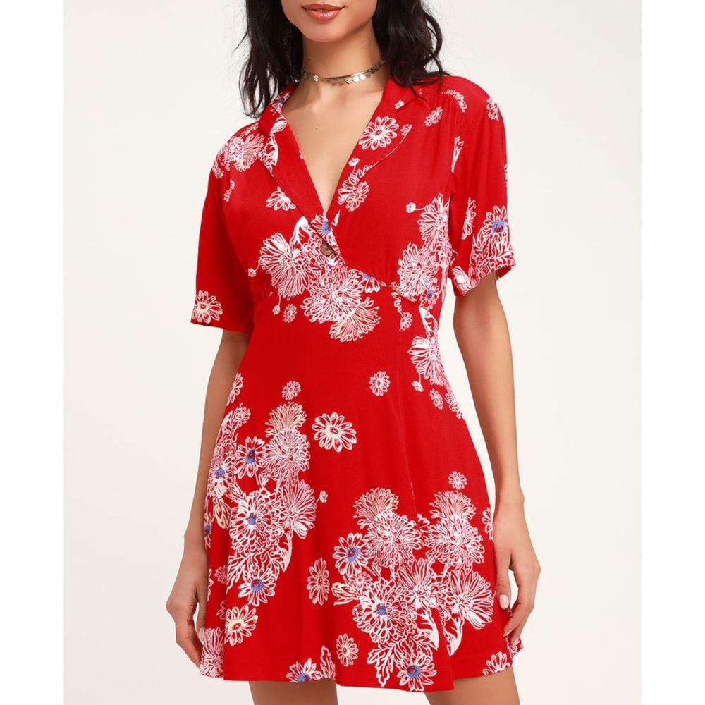 Free People Red Blue Hawaiian Floral Mini Dress